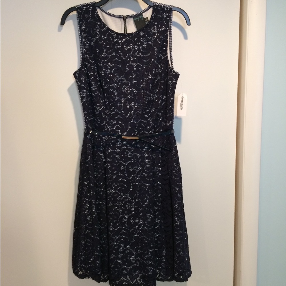 Navy & White Gingham & Lace Dress, Size 8